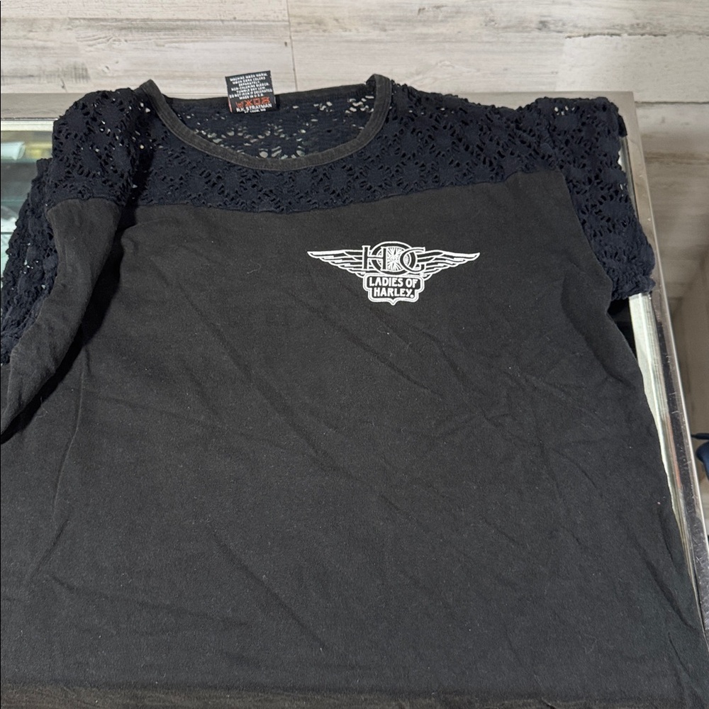Vintage ladies Harley-Davidson Black Distressed Lace Top with Logo Tag